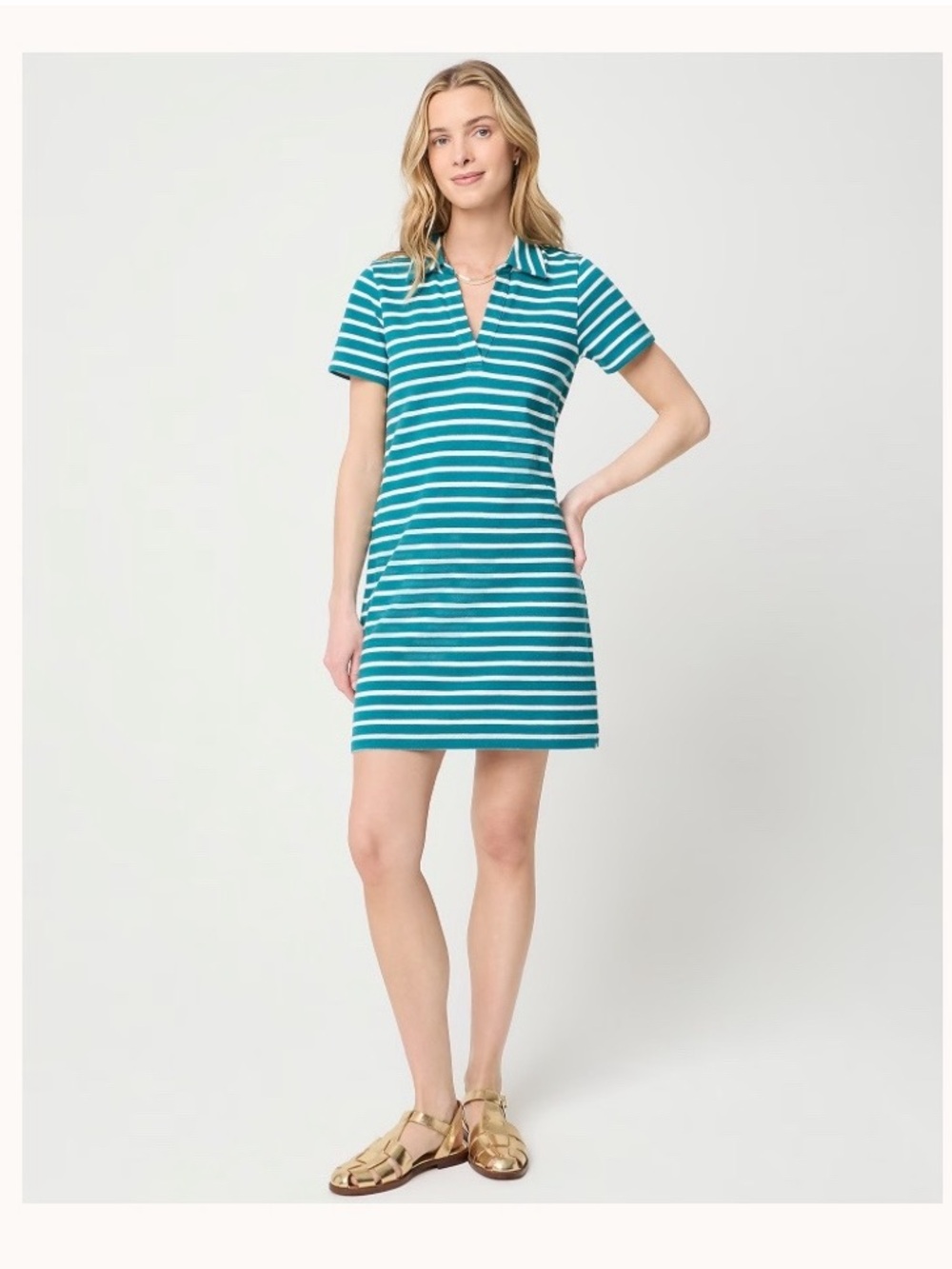 J. Crew Teal and White Striped V-Notch Short Sleeve Mini Dress
